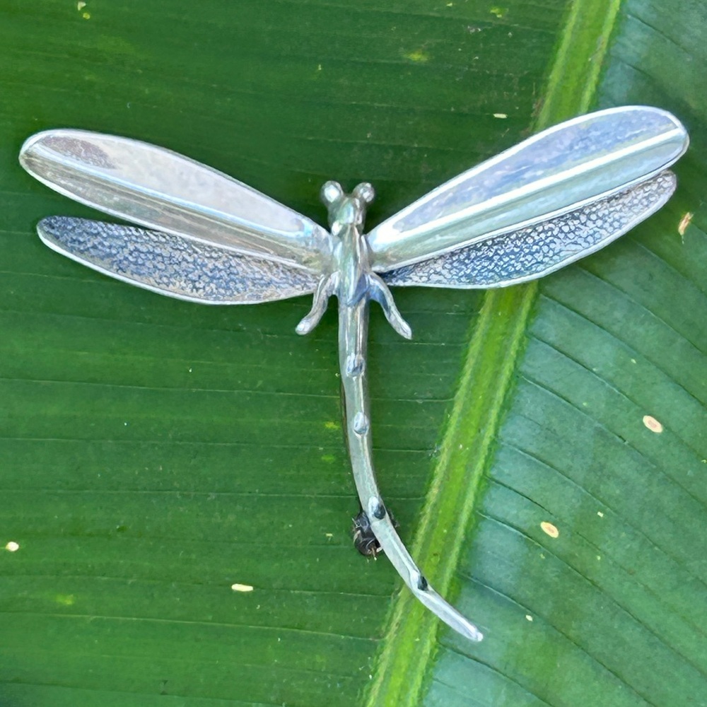 Vintage large heavy solid sterling silver Mexico dragonfly brooch pin